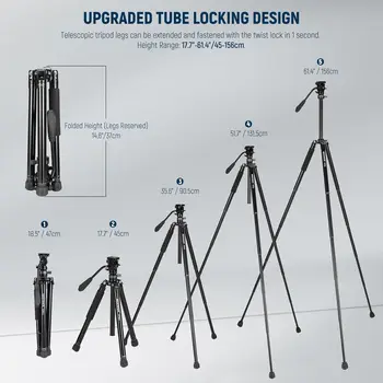 NEEWER 61.4" Video Travel Tripod with Leveling Base Fluid Head Metal Camera Tripod Stand with Quick Release Reversible Legs detail image