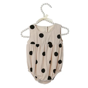 Breathable Linen and Cotton Infant Sleeveless Polka Dot Rompers with Pleated Waist & Snap Crotch for Daily Wear & Summer