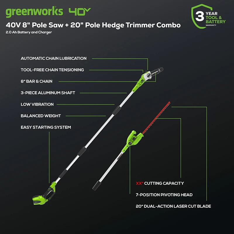 Greenworks 40V draadloze stokzaag 8 inch met heggenschaaropzetstuk tot 2,7 meter ultralichte stokzaag met heggenschaaropzetstuk 20302_voghion.com