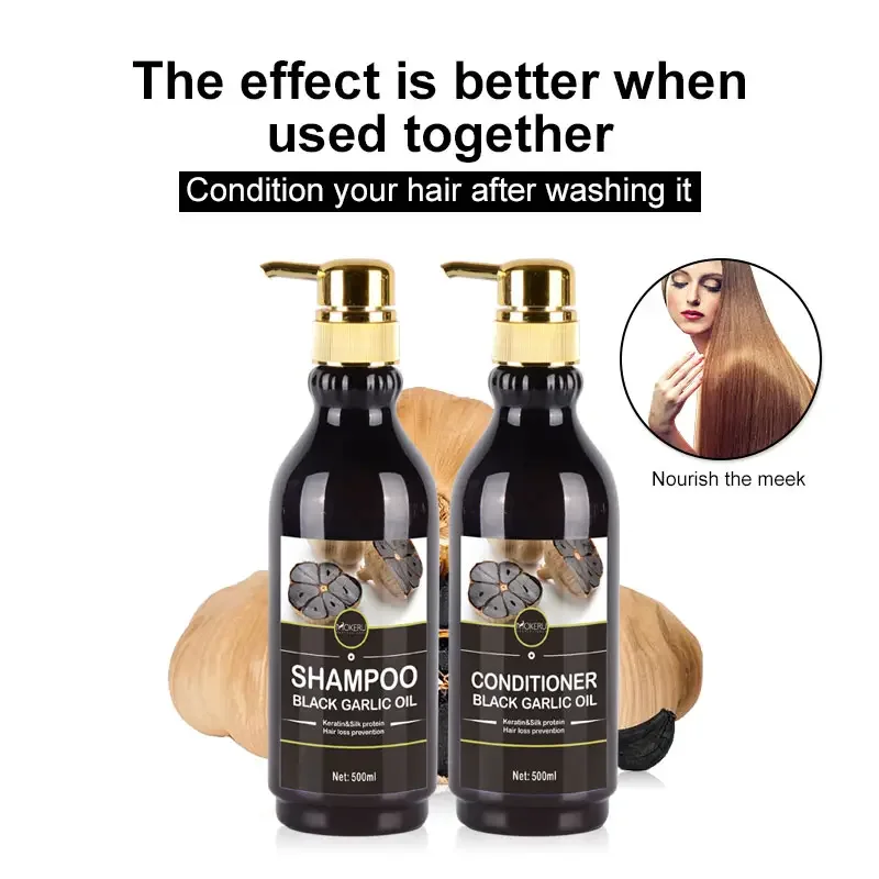 Wholesale MOKERU Natural Herbal Hair Loss Care Shampoo Keratin Anti Dandruff Black Garlic Shampoo and Conditioner for Women Men
