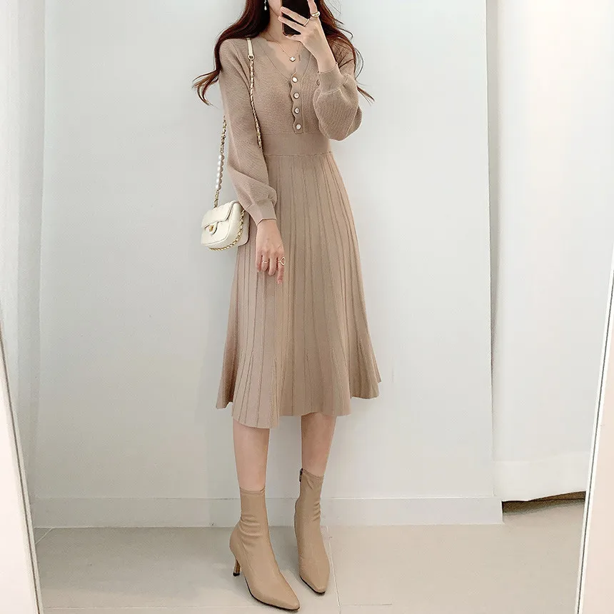 Korean Pleated Dress Long Sleeve Slim Woman Sweater Dresses