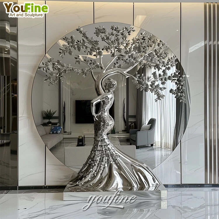 Large Size Outdoor Garden Metal Stainless Steel Tree Lady Figure Sculpture