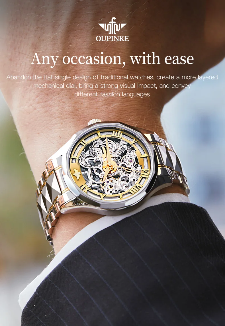OUPINKE Luxury Automatic Mechanical Watch For Men Sapphire Mirror Skeleton Hollow Design Leather