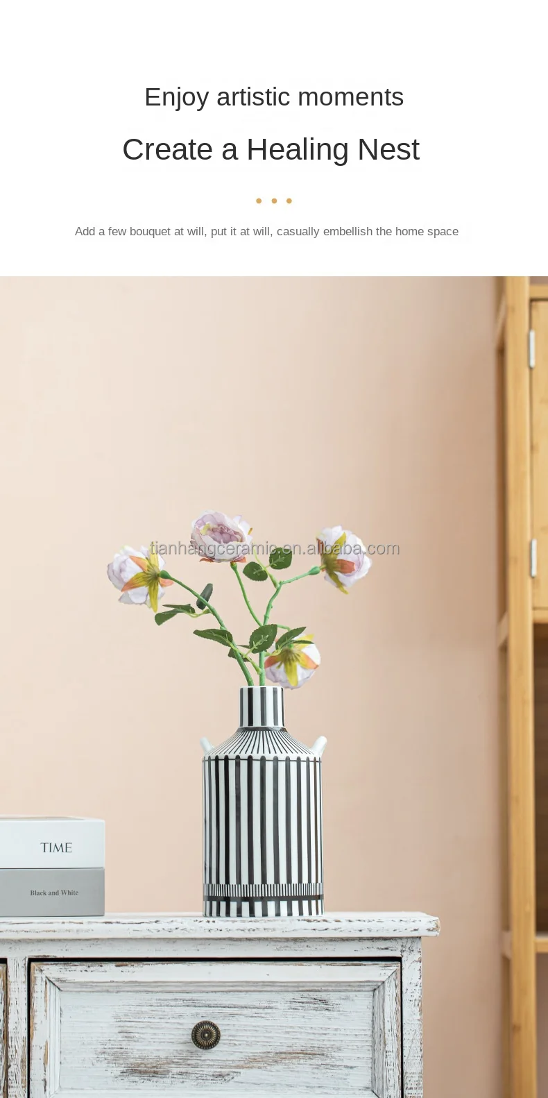 High Quality room soft board decoration European Style Luxury Black And White Stripes Ceramic Flower Vase Living Room Decoration.jpg