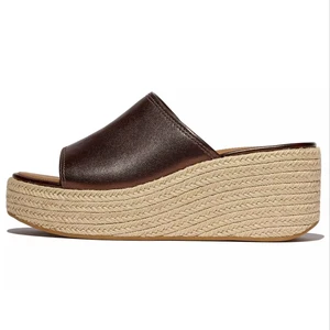 Women Brown Metallic Leather Wedge Mules Espadrille Platform Luxury Summer Resort Comfort Casual Walking Shoes Wholesale