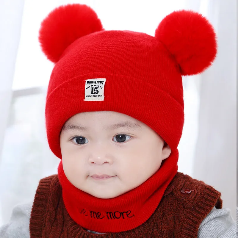 SUNSIOM Newborn Kids Baby Boy Girl Pom Hat Winter Warm Knit Bobble Beanie Cap Scarf Set, Infant Unisex, Size: One size, Red