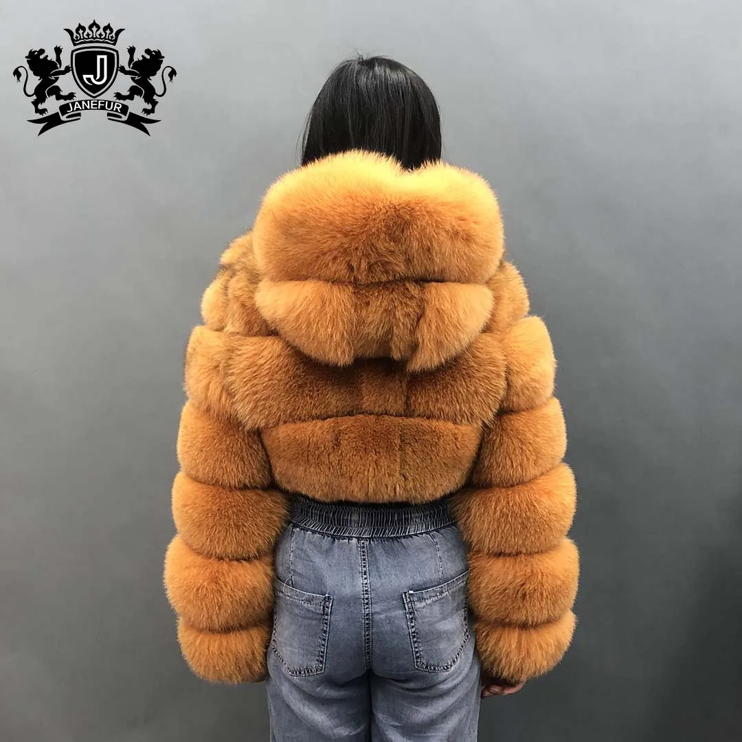 High-quality fashion short style fox fur coat luxury winter warm hooded fur jacket for women