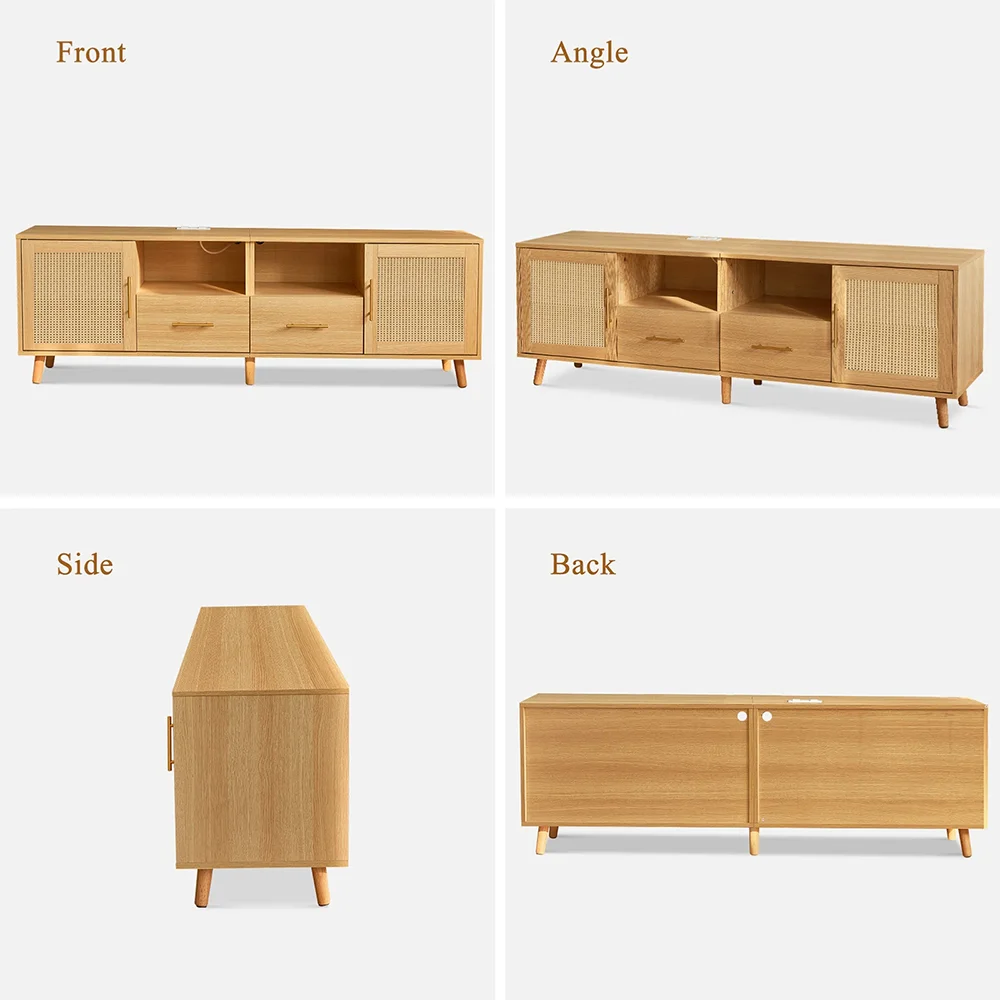 Large Modern MDF TV Stand 75\" LED Light Charging Station Coastal Media Console Rattan Door Multimedia Storage Furniture 2 factory