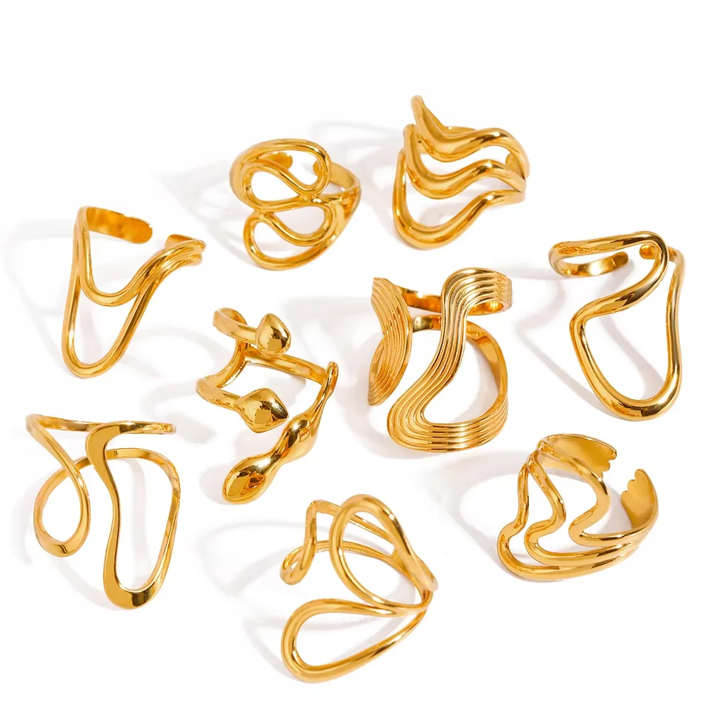 J&D Geometric Irregular Ring 18k Gold Rings for Women Adjustable Rings 18k Gold Plated Stainless Steel