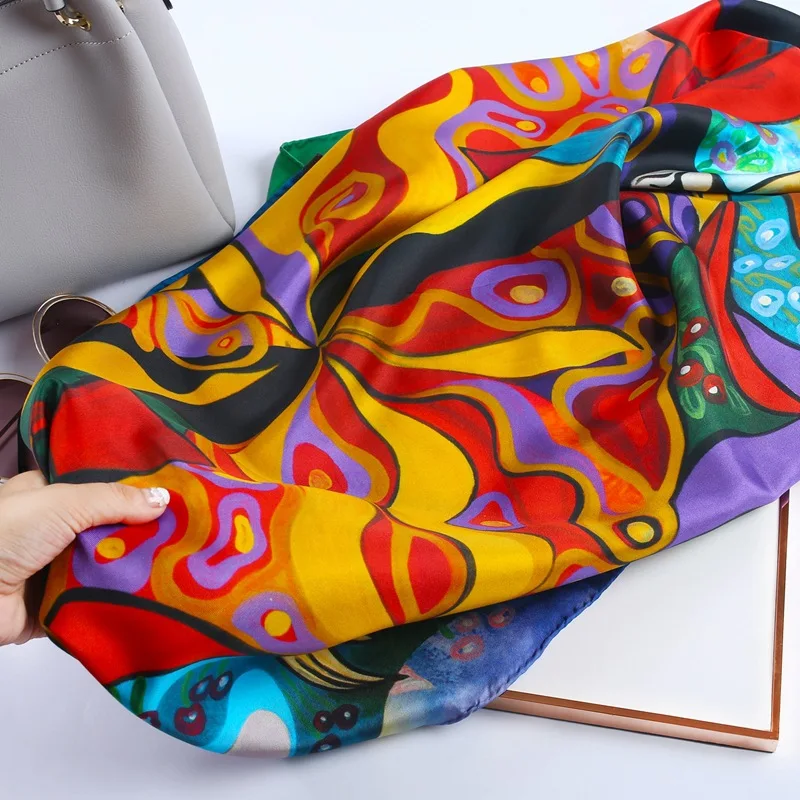 Vente en gros 90cm foulards en soie Bandana femmes mode motif