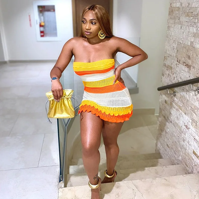 Night Club Party Fashion Striped Hollow Out Mini Dress Casual Sleeveless  Bodycon Dresses Crochet Knitting Dress