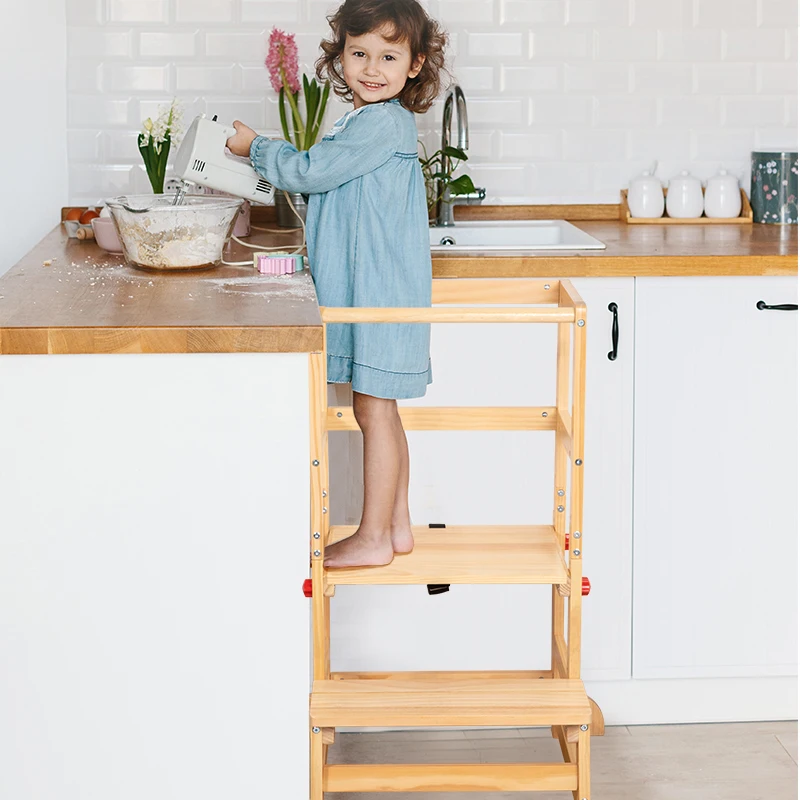Qiaike Nakakabit na Taas na Step Stool sa Kusina Para sa mga Bata Ligtas na Learning Tower na Kahoy Montessori Kitchen Helper Toddler Tower