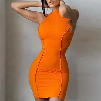 Newest Orange Plain Butt-Lift Stitching One Piece Dress 2021 Casual Sleeveless Knit Bodycon Dress Women