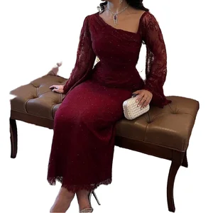 Customize Women's Cowl Neck Long Sleeve Elegant Lace Digital Printing Summer Party Midi Evening Gown Dresses for