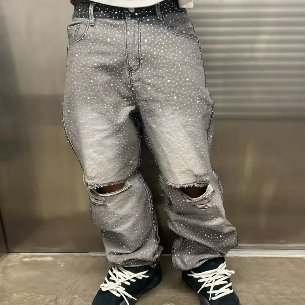 Custom High Winter Destroy Wear Wide-leg Jeans Baggy Inside Out Stitching Hip Hop Jeans Y2k Ripped Rhinestones Men Jeans gallery 7