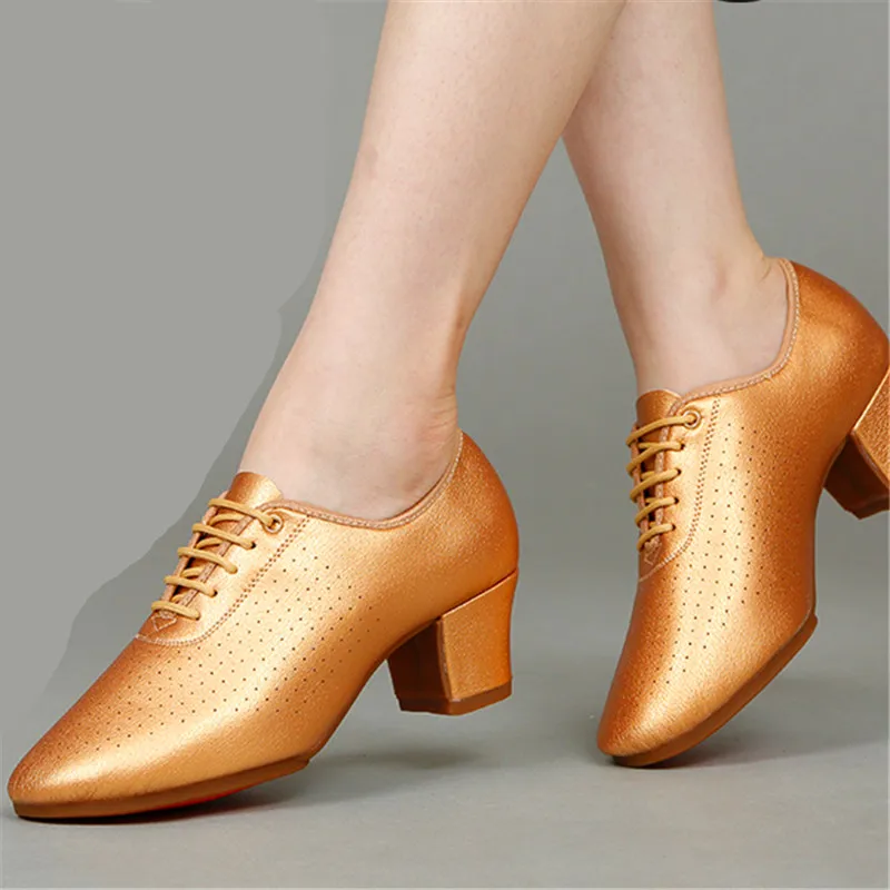 Women's Gold Satin Latin Dance Shoes With Soft Sole & Cotton Lining