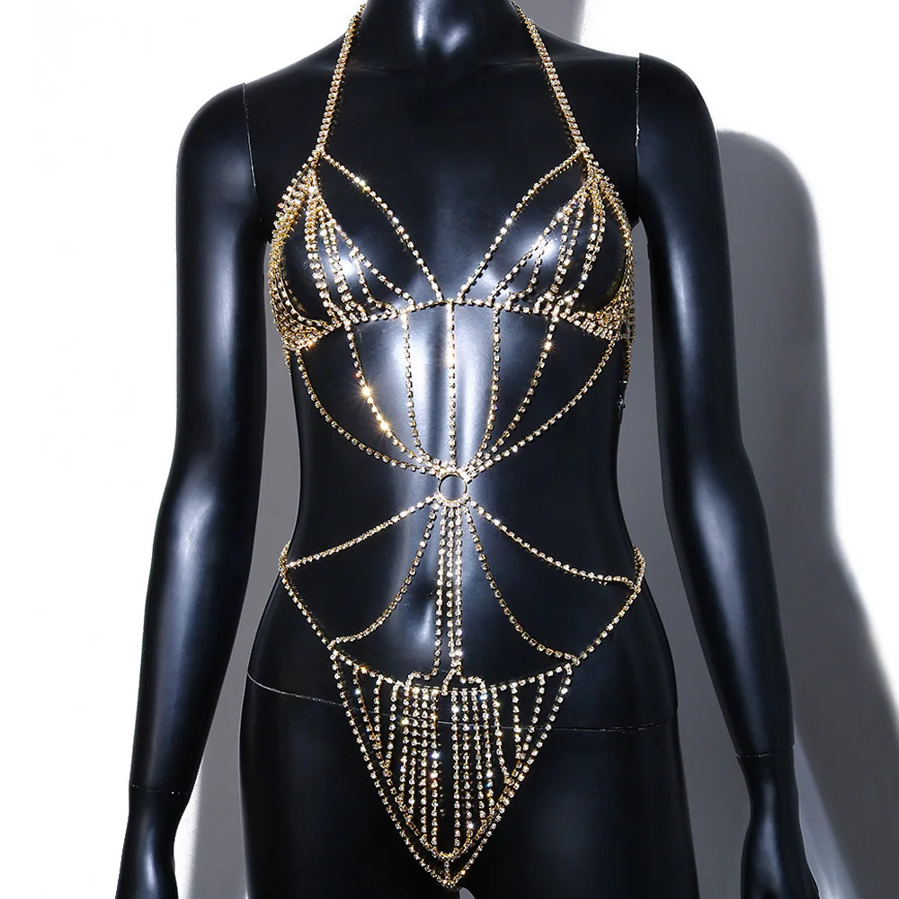 2023 Sexy Sparkle Rhinestone Body Chain Bikini One Piece Female