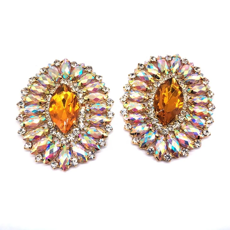 Custom Sew on Acrylic Rhinestone Appliques Flatback Oval Rhinestone Brooch