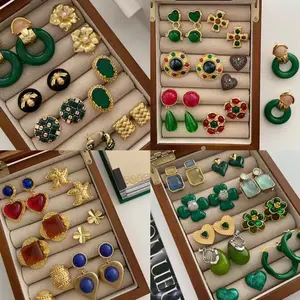 Medieval Style Zircon Earrings Retro Light Luxury Palace Style Earrings High-end Emerald Earrings Wholesale