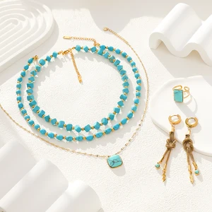 Hot Sale Trendy Gold Plated Stainless Steel Turquoise Bead Necklace Bracelet Ring Jewelry Multilayer Choker Tassel Earrings