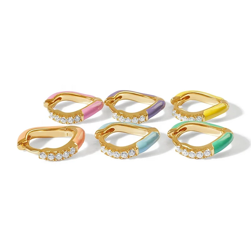 Gemnel Pop Huggie Design Wave Mini Hoop clear CZ 925 Silver Custom Enamel Earrings
