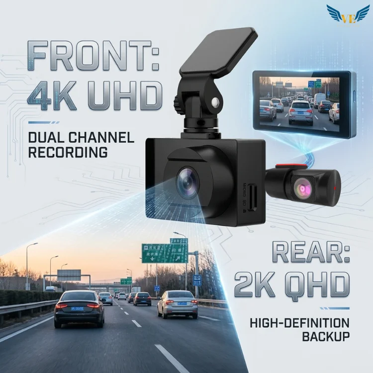 4K+2K Dual Camera Dashcam with 24H Parking Monitor Built-in WiFi & App Control IPS Screen for Car