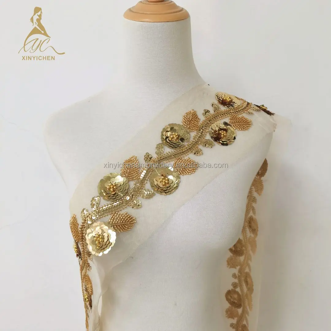 Gold Sequin Embroidery Lace Trim Applique Trimming for Clothing Dress Head Scarf and Hat Accessories Gold Sequin Embroidery Lace Trim Applique Trimming for Clothing Dress Head Scarf and Hat Accessories
