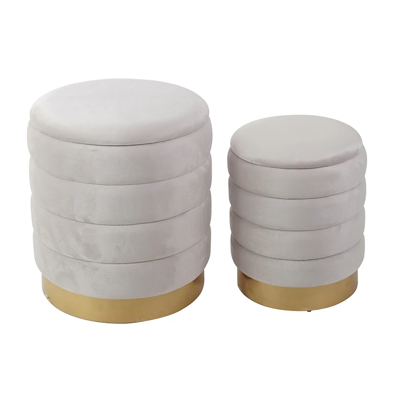 Stylish Round Velvet Storage Stool for Foot Rest With Gold Base for Livingroom