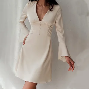Women's 2025 New Year Fashion V-Neck Bell Sleeve Dress Wholesale Breathable and Stylish for Autumn Season Natural Waistline