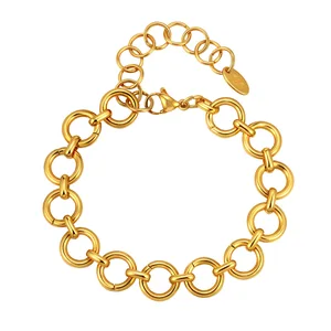 Vintage Style Stainless Steel 18k Gold Plated Bracelet Adjustable Thick Circle Link Chain Bracelet