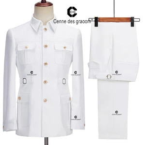 Cenne Des Graoom Safari Men Suits Gold Button Square Collar Tailor-Made Formal Casual Business Official Wear Costume Homme