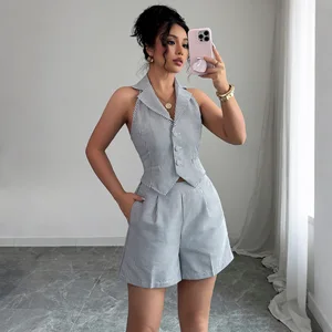 Sleeveless Shirts Elegant Button Vest Striped Women's Suits Turn Down Collar Shorts Set for Women Summer Two Pieces Sets