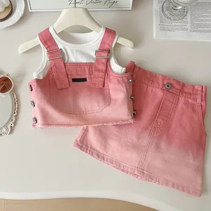 Summer 3-Piece Casual Baby Outfit Girls Jeans Set with Cute Geometric Pattern Solid Denim Underwear Top Clothes for Kids