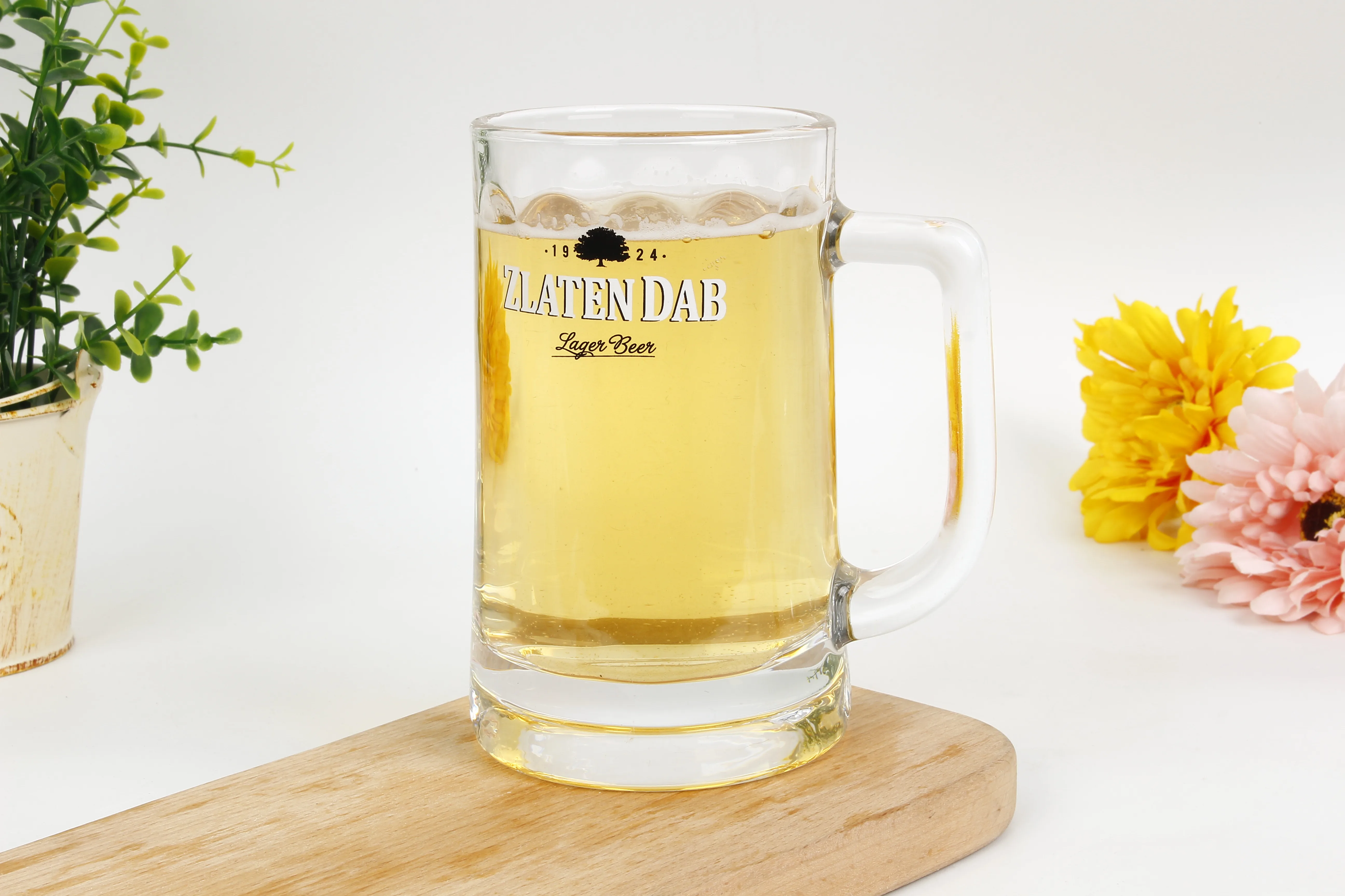 360ml clear Decal Printing logo Glass Beer Mug/thick Beer Glass Cup with Handle/rtl Glass
