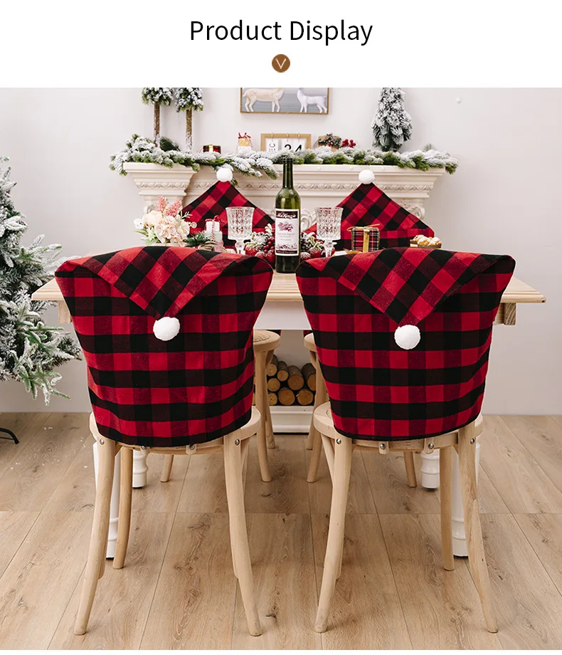 Red Black Plaid Christmas Chair Cover 2022 Santa Xmas Party Decoration for Home Hotel Table Ornament