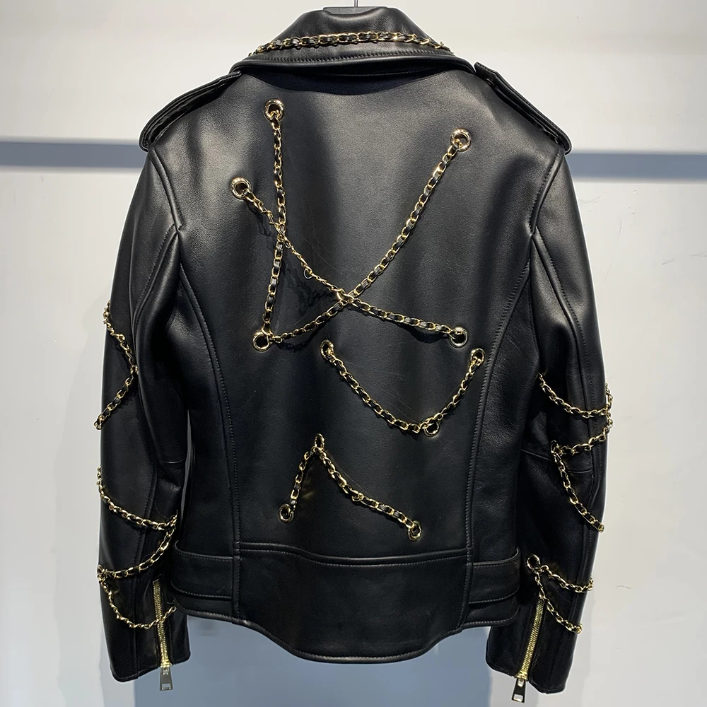 Oversized Loose Golden Chain Genuine Leather Jacket Women