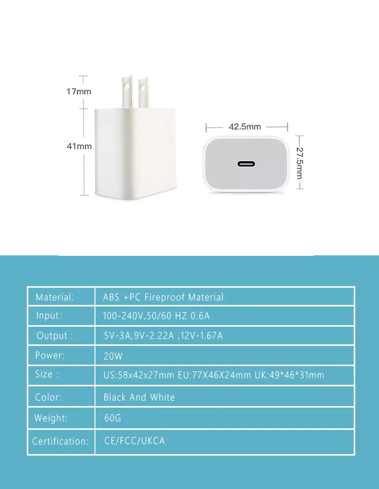 Original Us Plug 20 Watt Type C Power Wall Charger 20w Pd Travel ...