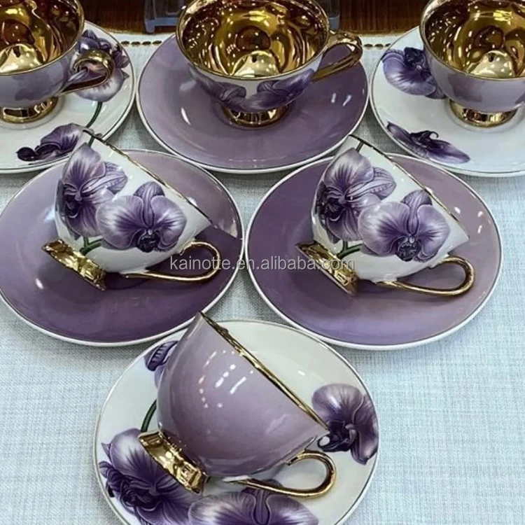 Bulk Set Of 6pcs Orchid Porcelain Fine Bone China Tea Cup And Saucer