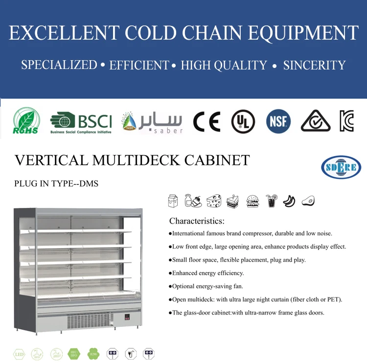 Commercial Multi Deck Refrigerator Vegetables Showcase Air-cooling Beverage Chiller Freezer