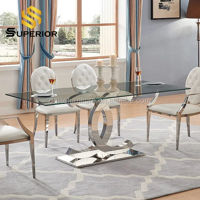 Steel Frame Metal And Glass Dining Set Furniture Table For Dinner