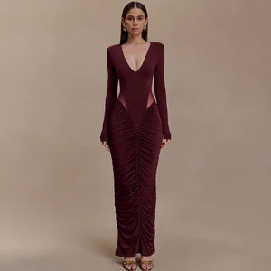 STOCK Two Colors Deep V-NECK Women Dress Sheer Mesh Insert Bodycon Vestidos Long Sleeve Evening Maxi Dress S-L