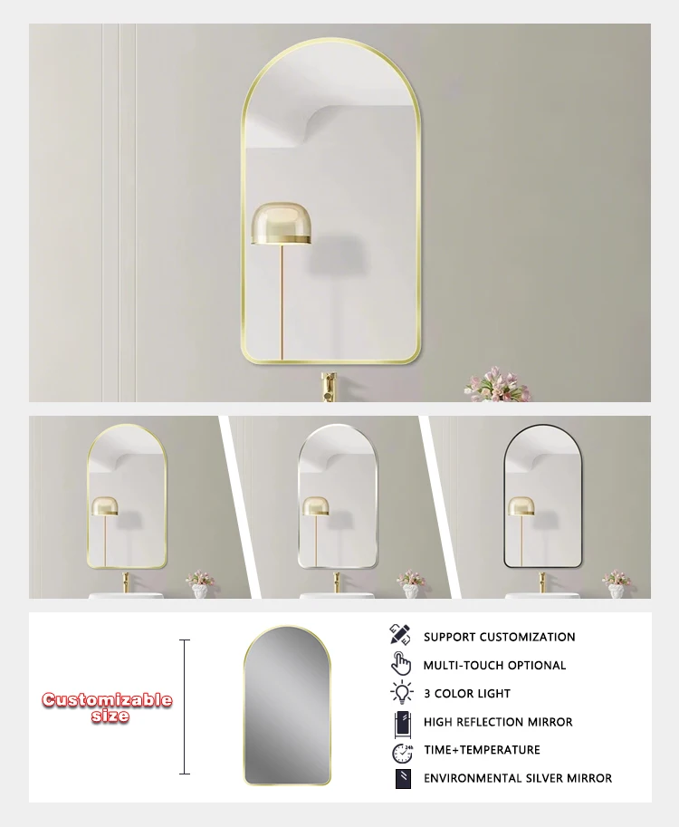 product factory custom arched aluminum frame wall mirror decorative bathroom mirror modern interior makeup mirror for home-7