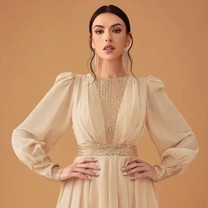 Modest Elegant Luxury Shiny Chiffon Long Sleeve Floor-Length Ball Gown Sequined Party Evening Dress