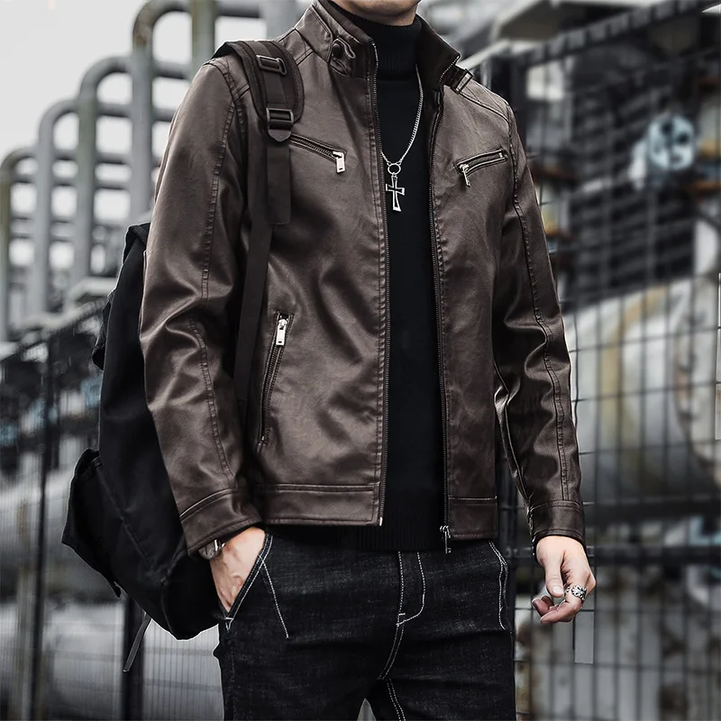 Men's Leather Jacket Solid Colour Korean Style Stand Collar Coat_voghion.com