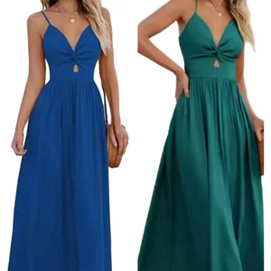 Summer Women's Casual Long Sundress Sleeveless V-Neck with Hollow Out Thin Shoulder Strap Midi Length Formal Natural Waistline