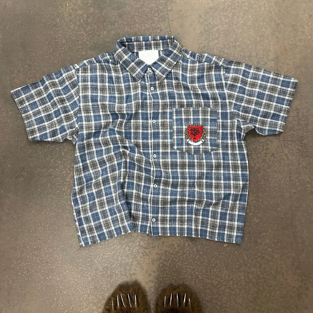 Salati Custom Designer Tshirts Embroidery Boxy Oversized Shorts Sleeve Button up T-shirt Check Plaid Flannel Shirts for Men gallery 3