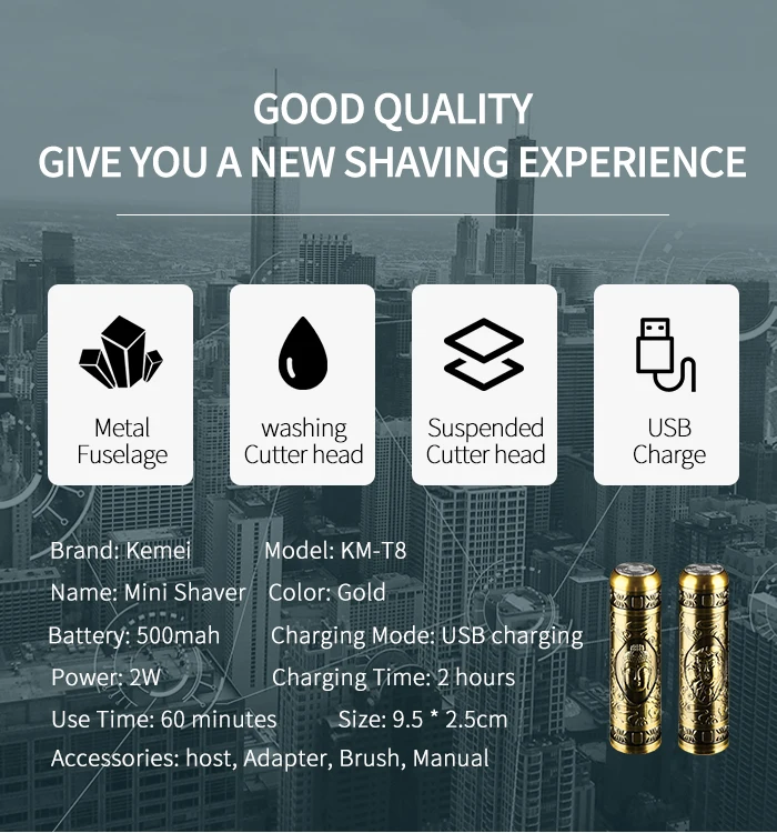 single Reciprocating Blades Electric Shaver Hair Clipper KEMEI KM-T8 Men USB Steel Stainless Power Battery Rechargeable razors