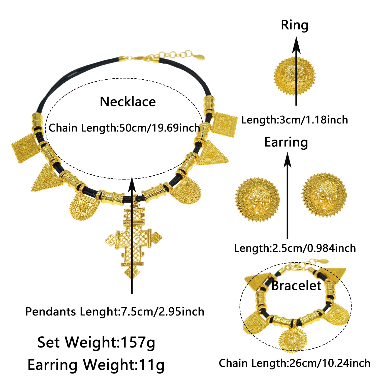 24K Gold Color Ethiopian African Eritrean Women’s Jewelry Set – Brass, Nickel-Free, Trendy Gift Set