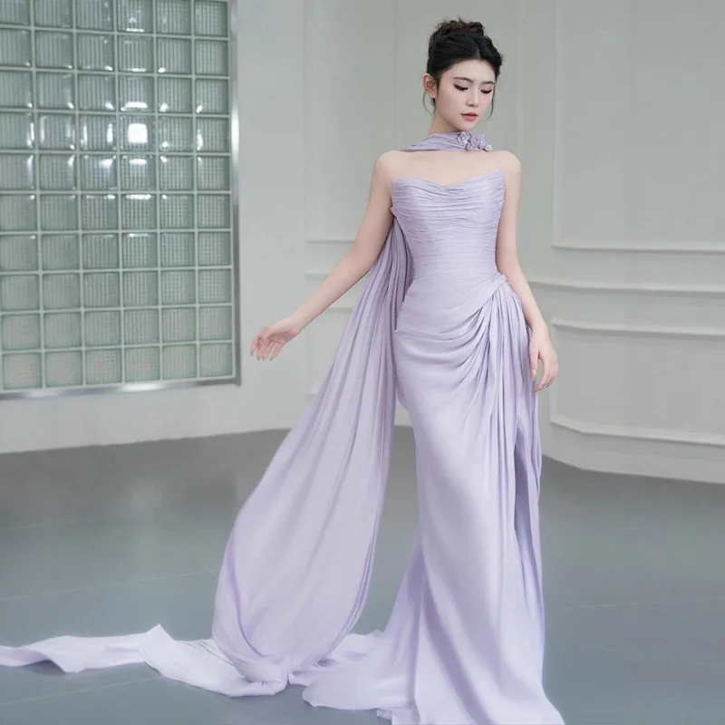 purple engagement dress Zapakasa Women White Chiffon Long Engagement Dress with Slit Sweetheart  Ruched Wedding Dress main image 1