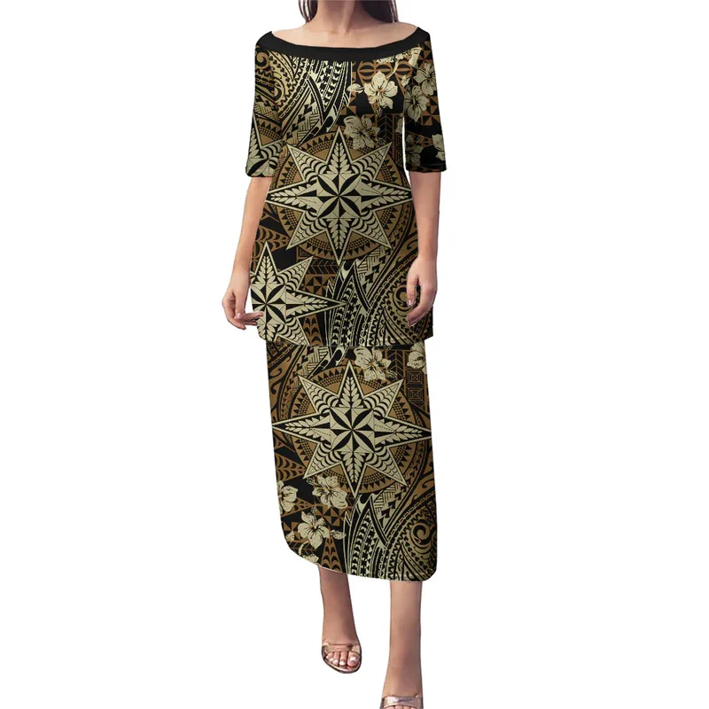 Tonga Tribal Ngatu Pattern Puletasi With Pacific Floral Pink Art Short  Sleeve Off Shoulder Elastic Top Skirt Set New Trend Dress